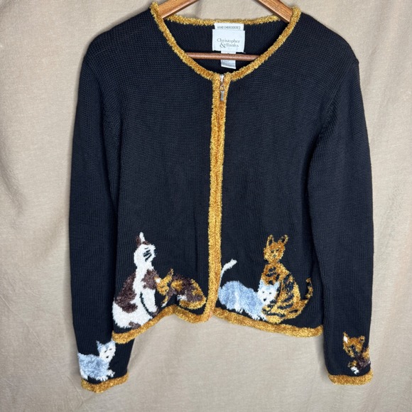 Christopher & Banks Sweaters - GrandmaCore Cat Zip Up Cardigan Black Hand Embroidered Fuzzy Medium